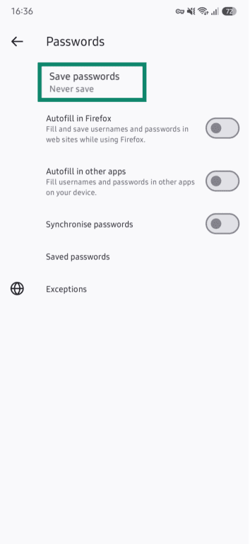 The Settings panel in Firefox Android settings, with the Save passwords option in focus.