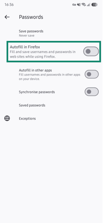 The Passwords panel in Firefox for Android, with a toggle off next to Autofill in Firefox.