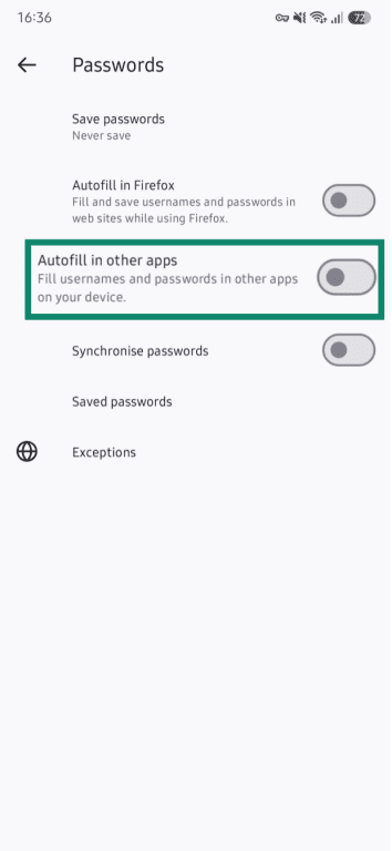 The Passwords panel in Firefox for Android, with a toggle off next to Autofill in other apps.