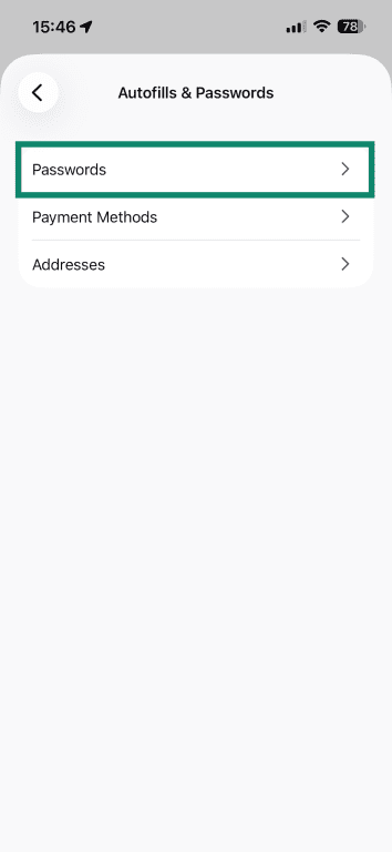 The Autofills and Passwords panel with Firefox's Settings on iOS.