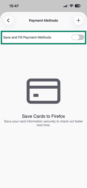 A toggle that lets the user prevent Firefox from saving and filling out payment methods.