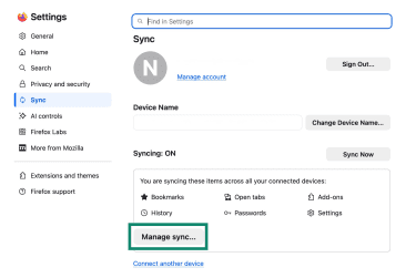 The Sync panel in Firefox Settings on desktop, with a focus on the Manage sync button.