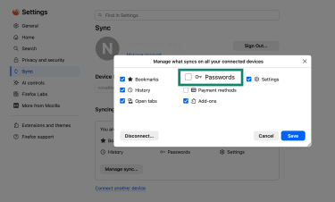 Synchronization options on Firefox for desktop, with the Passwords entry disabled.