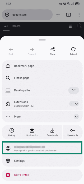 Firefox's main menu on Android, with a highlight over the user's account name.