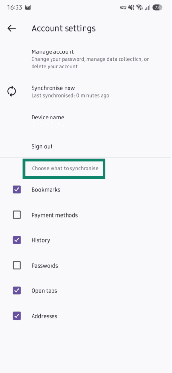 Account Settings on Firefox for Android with a list of possible items for synchronization.
