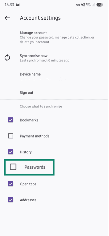 The Account Settings panel of Firefox for Android, with the Password field disabled.