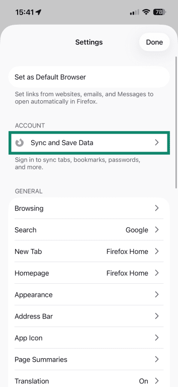 The Settings panel of Firefox for iOS, with the Sync and Save Data option highlighted.
