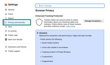 Firefox's settings menu, with a highlighted "Privacy and security" tab on desktop.