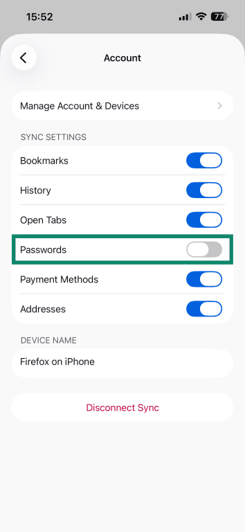 The Account panel of Firefox for iOS, with the Password option disabled via a switch.