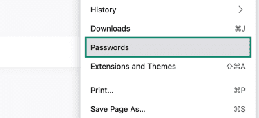 The Passwords option found in Firefox's main menu on desktop.