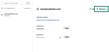Firefox's Password Manager on desktop with the Remove option highlighted.