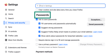 Firefox's Passwords section in settings on desktop.