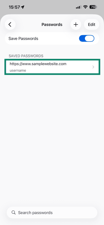 The Passwords screen on Firefox for iOS, with a highlight over a sample saved password.