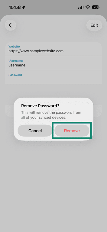 Dialog box in Firefox for iOS showing the user if they're sure if they want to remove a password save.