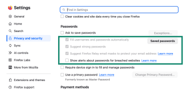 Firefox's Passwords section in the Privacy and security tab, highlighting several options available in the browser's built-in password manager.