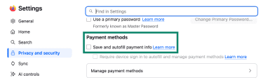 The Privacy and Security segment of Firefox's Settings on desktop, with a highlight over the option to disable payment information saving.
