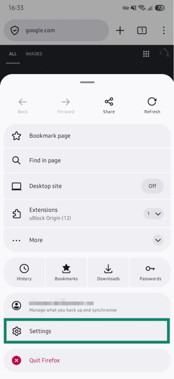 Firefox on Android, with the main menu option and the Settings field highlighted.