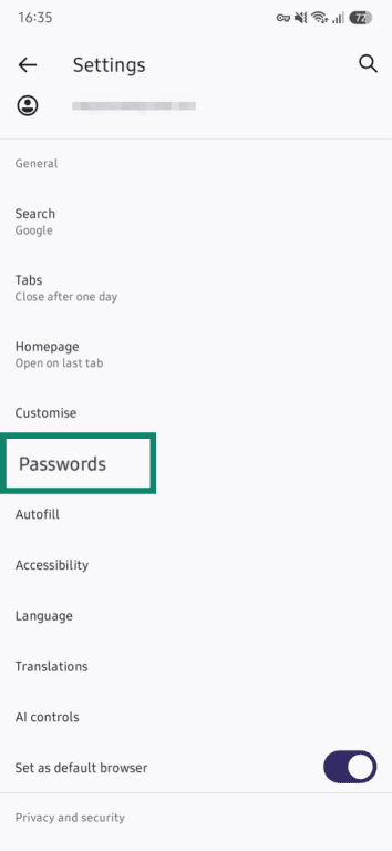 The Settings panel on Firefox Android, with Passwords highlighted.