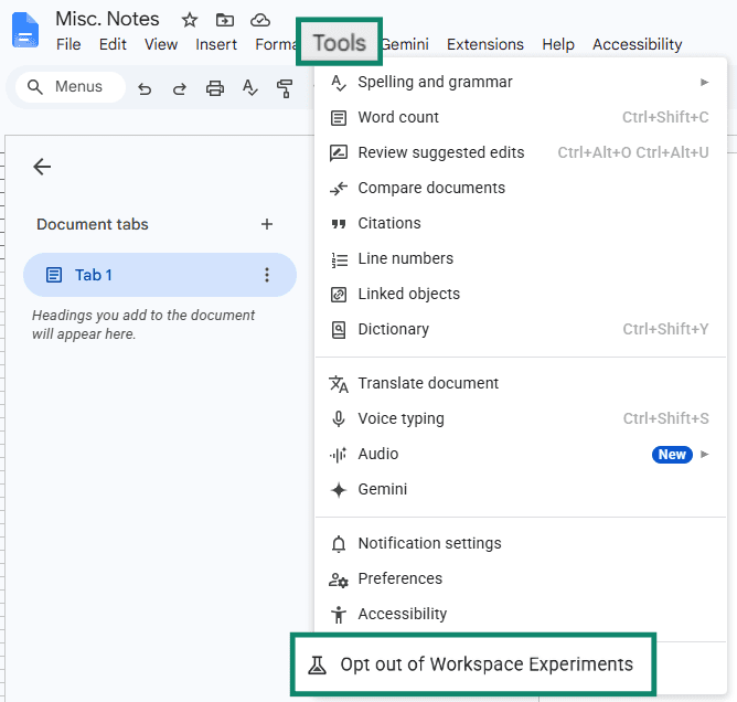 A Google Doc, highlighting the Tools option and the Opt out of Workspace Experiments option.