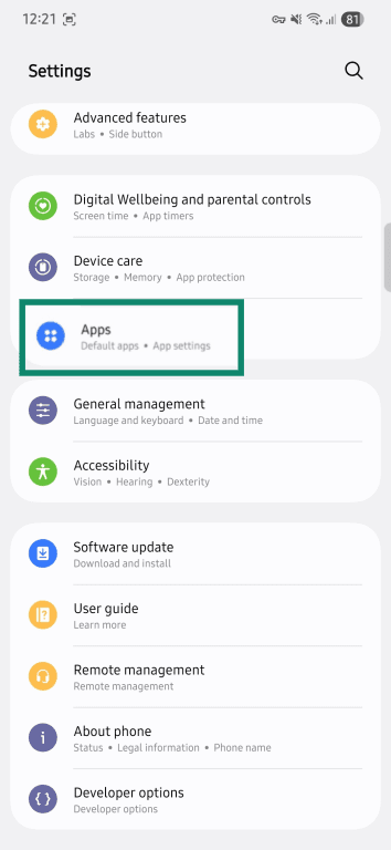 Android Settings menu with Apps section highlighted.