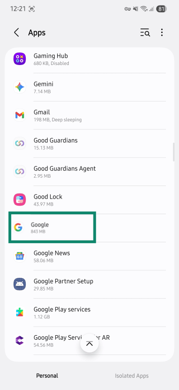Android app list showing Chrome selected in Apps settings.