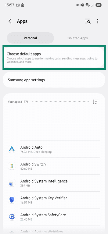 Android Apps settings screen with the “Choose default apps” option highlighted.
