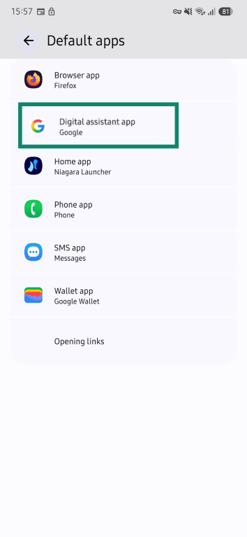Android Default apps menu showing options for browser, assistant, phone, SMS, and wallet apps.