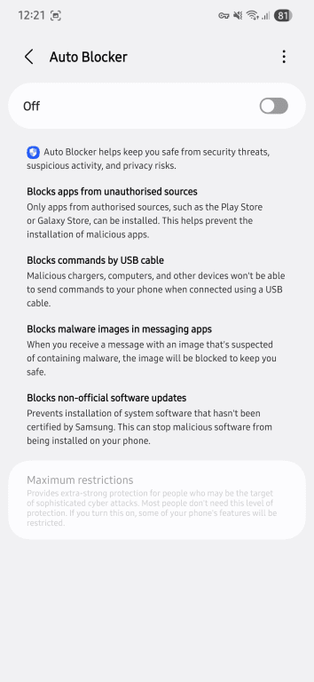 Android Auto Blocker screen showing protections for unauthorized app installations.