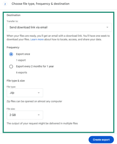 Google Take out file type, frequency & destination page