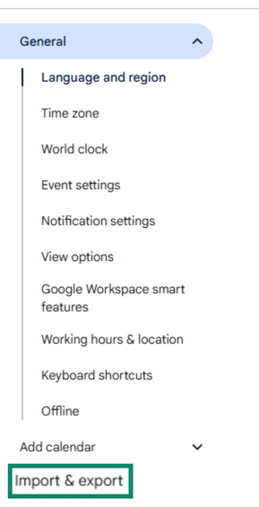 Import & export option on the calendar navigation menu