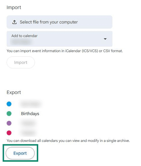 Option to export a Google Calendar