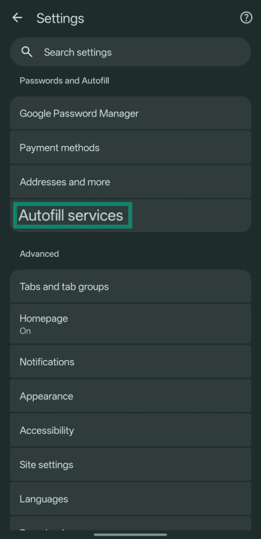 Screenshot of the Settings menu on Google Chrome for Android with the Autofill services option highlighted.