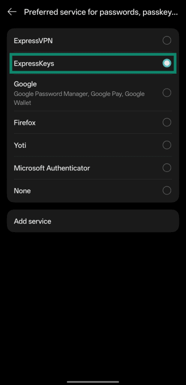 Screenshot of the available autofill service options on Android with the ExpressKeys option highlighted.