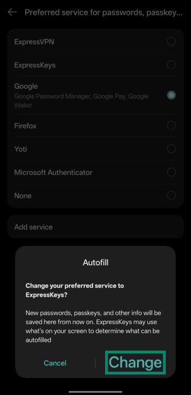 Screenshot of a confirmation dialog that shows when changing autofill services on Android with the Change option highlighted.