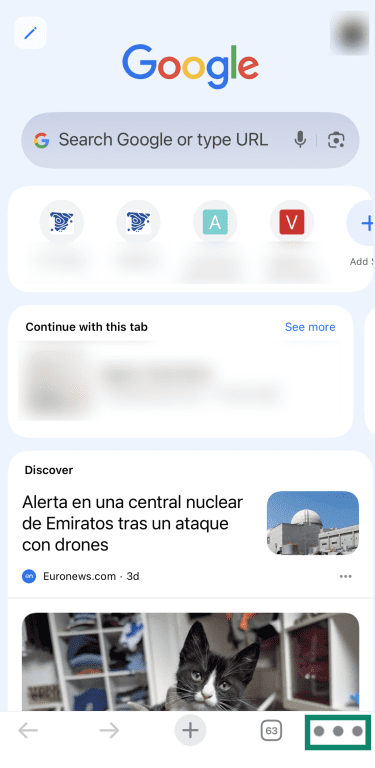 Screenshot showing the three-dot menu button highlighted at bottom-right of Google Chrome for iOS.