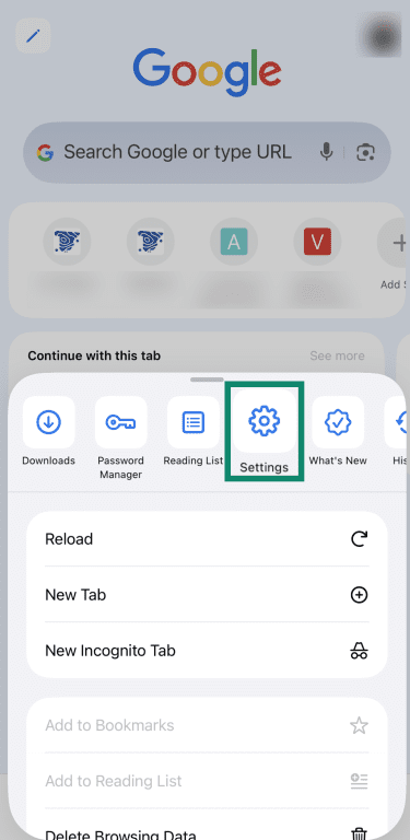 Screenshot showing the Settings button highlighted in the three-dot menu of Google Chrome for iOS.