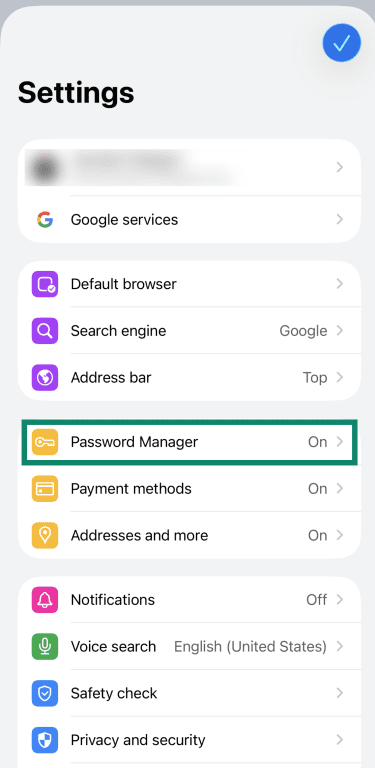 Screenshot showing the Password Manager option highlighted in the settings menu of Google Chrome for iOS.
