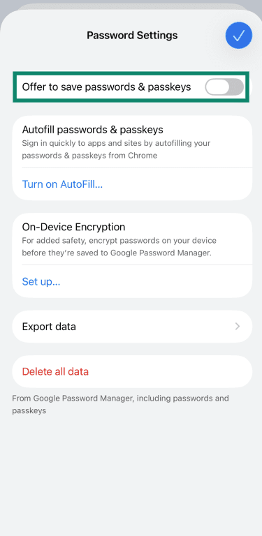 Screenshot showing the Offer to save passwords & passkeys option highlighted in Google Password Manager for iOS.