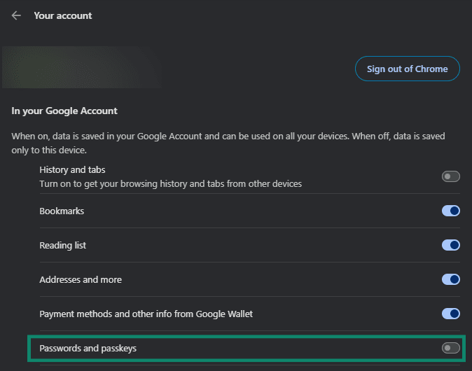 Screenshot showing the In your Google Account menu with the Passwords and passkeys sync option highlighted.