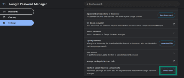 Screenshot showing the Delete data option highlighted in the Settings menu of Google Password Manager.