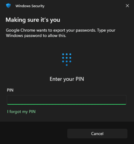Screenshot of Windows asking to verify identity via a PIN before downloading Google Password Manager data.