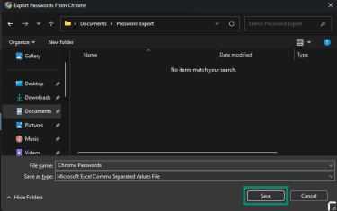 Screenshot of the Windows save dialog asking to specify a position to save Google Password Manager data with the Save button highlighted.