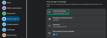 Screenshot showing the Security & Sign-in options in Google's My Account menu with the 2-Step verification option highlighted.