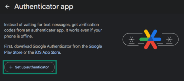 Screenshot showing Google's menu to add an Authenticator app with the Set up authenticator option highlighted.