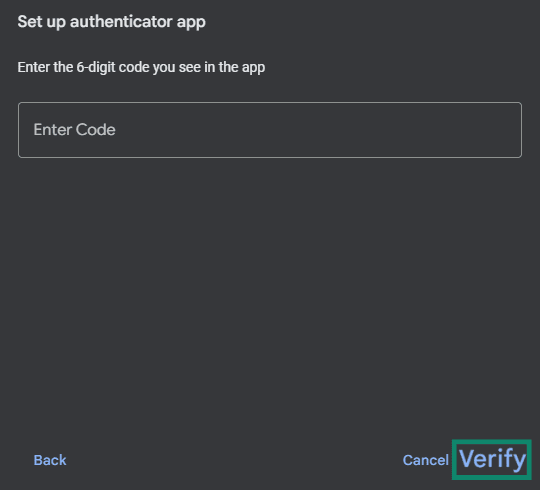 Screenshot of Google's authenticator setup prompt asking to enter a 6-digit verification code with the Verify option highlighted.