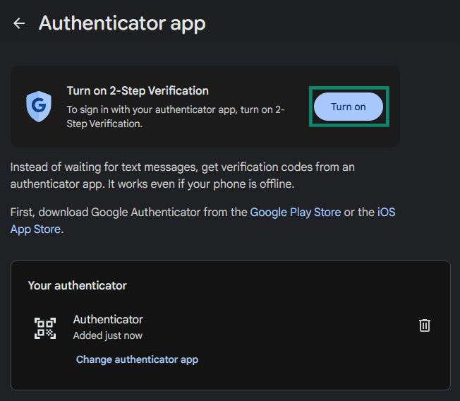 Screenshot showing the Turn on option highlighted in the Authenticator app menu after setting up a new authenticator app in Google's Security & sign-in menu.