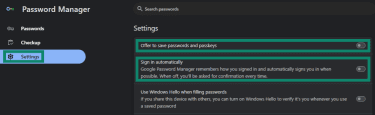 Screenshot showing the Settings menu in Google Password Manager highlighted with the Offer to save passwords and passkeys and Sign in automatically options highlighted.