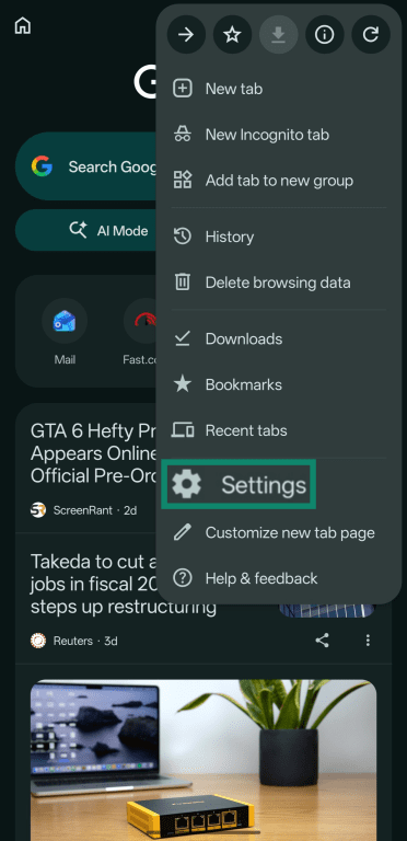 Screenshot showing the Settings button highlighted in the three-dot button menu of Google Chrome for Android.