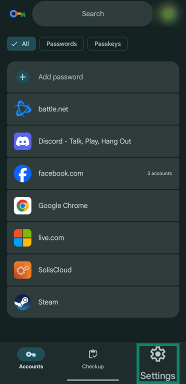 Screenshot showing the Settings menu option highlighted in Google Password Manager for Android.