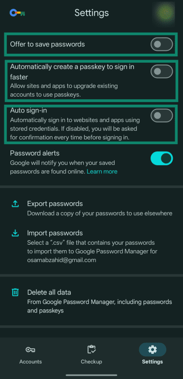 Screenshot showing the Offer to save passwords, Automatically create a passkey to sign in faster, and Auto sign in options highlighted in the Settings menu of Google Password Manager on Android.